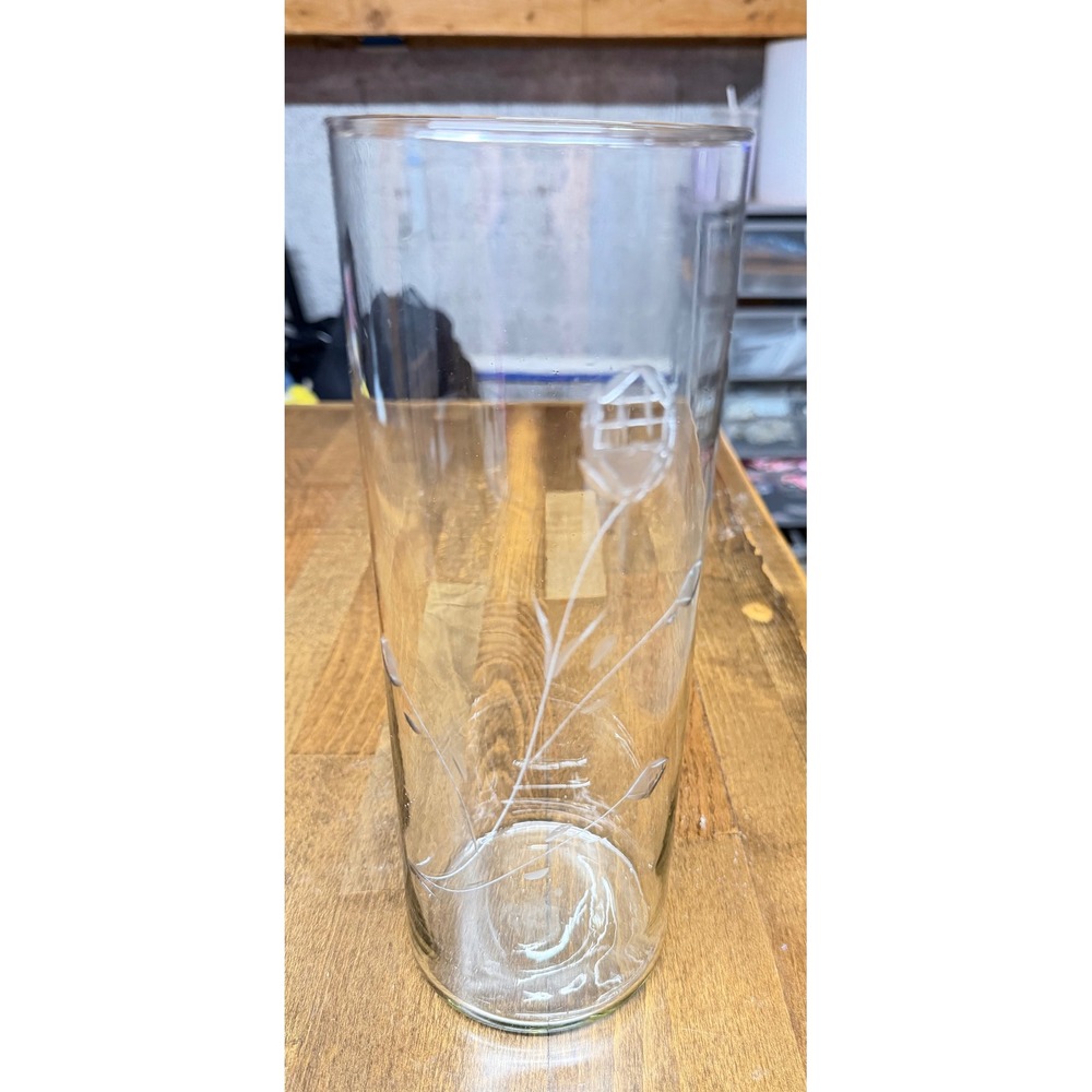 Tall Clear Glass Cylinder Vase with Etched Floral Design Minimalist Decor